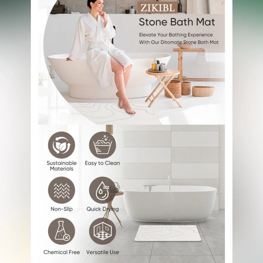ZIKIBL Diatomaceous Earth Stone Bath Mat Fast Drying Non Slip Grey White 24x15in